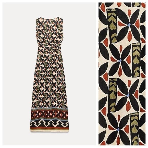 ZARA Maxi PRINTED DRESS WITH CUT-OUT DETAIL SZ S moroccan Print Tropical Sundres - Picture 4 of 8